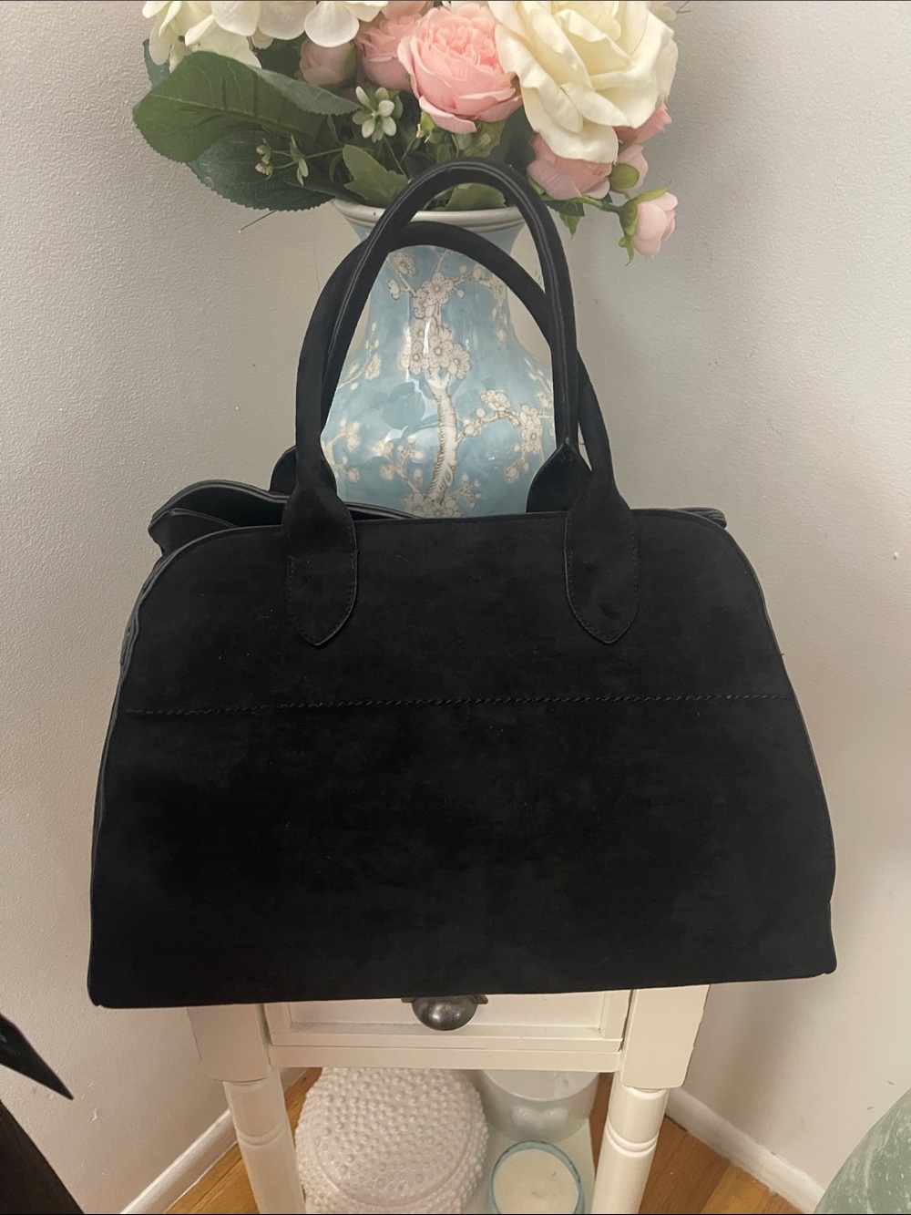 Black Suede Top-Handle Women’s Bag